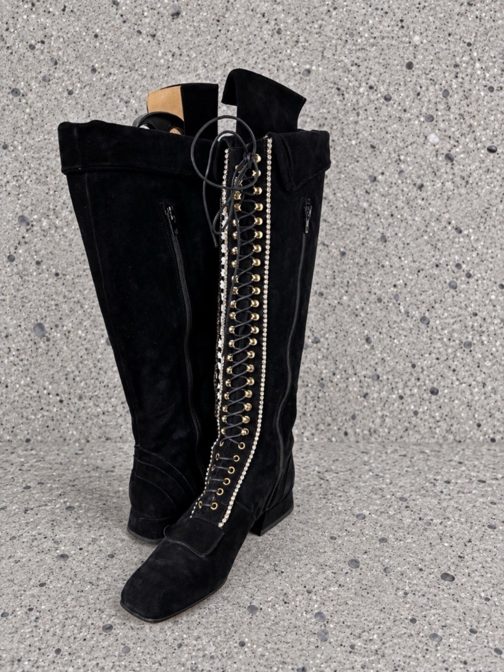 EL VAQUERO Boots Tall Heels Suede Black Lace Women's Sz 7 US ❤️